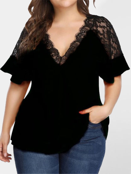 New large size V-neck short-sleeved women's stitching lace solid color top kakaclo