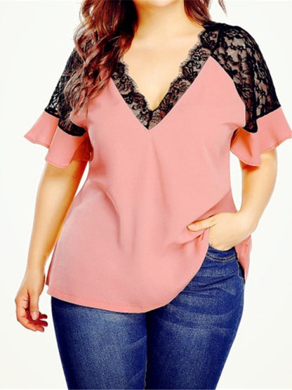New large size V-neck short-sleeved women's stitching lace solid color top kakaclo