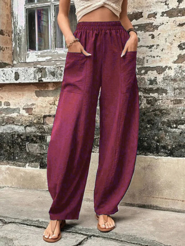 Women's Pants Solid Color Pocket Women's Casual Pants Elastic Pants Trousers kakaclo
