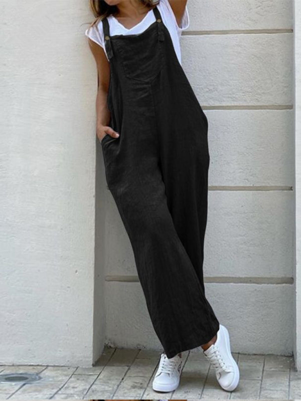 Women's Solid Color Ankle Length Linen Jumpsuit kakaclo