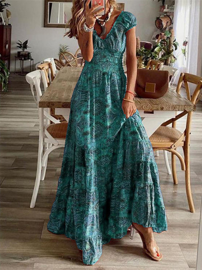 Bohemian style new one-piece long dress waist floral print large swing dress kakaclo