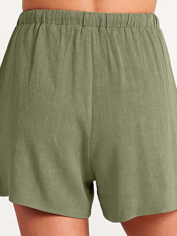 Women's woven solid color sleeveless loose cotton linen top shorts two-piece set kakaclo
