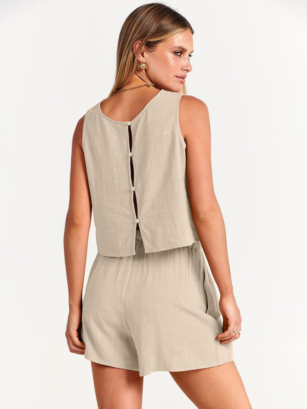 Women's woven solid color sleeveless loose cotton linen top shorts two-piece set kakaclo