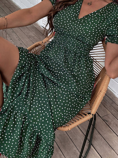 New women's casual holiday polka dot v-neck mid-length dress kakaclo