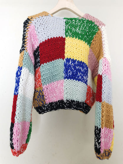 New retro contrast color rainbow plaid heavy handmade versatile cardigan sweater kakaclo
