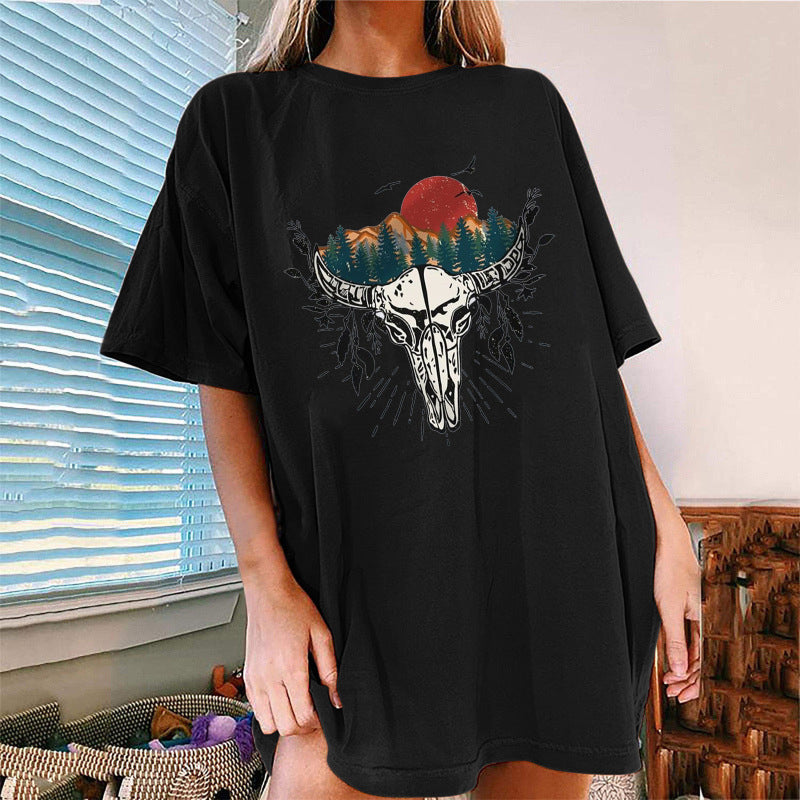 Women's Western Bullhead Print Short Sleeve T-Shirt kakaclo