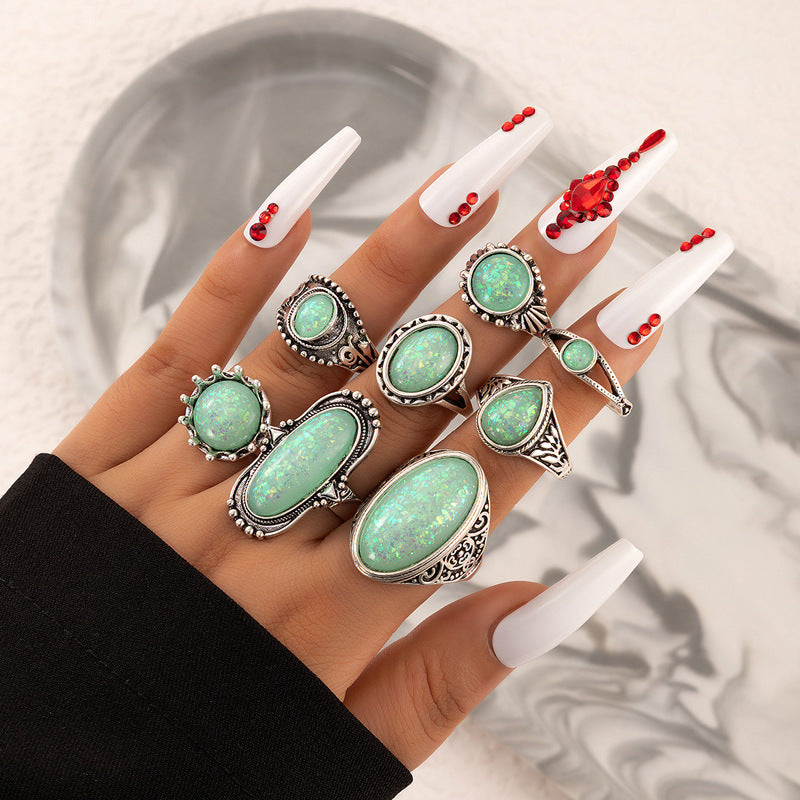Ethnic style retro inlaid turquoise carved feather ring fashion 8-piece combination ring set kakaclo